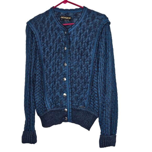 Geiger Vintage Womens Wool Cardigan Sweater Blue Cable Knit Button Front 40 M‎ - Picture 1 of 11